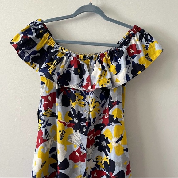 Zara Basic Denim Blue Floral Off the Shoulder Spring Button up Dress sz Large - Picture 2 of 11